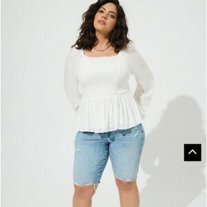 New TORRID  Cloud dancer white smoked bodice long sleeve cropped babydoll/Blouse